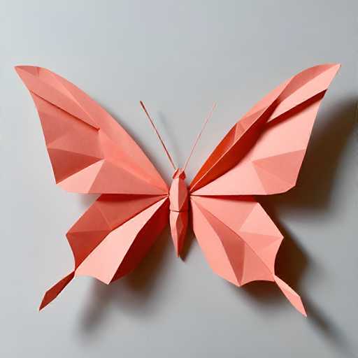 The image shows an origami butterfly crafted from pink paper. The butterfly is facing towards the right side of the frame and has a symmetrical design with four wings and two antennae.