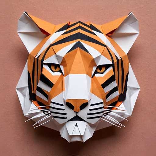 The image shows an origami tiger head crafted from white paper with black stripes and a brown background. The tiger's eyes are open wide, giving it a lifelike appearance.