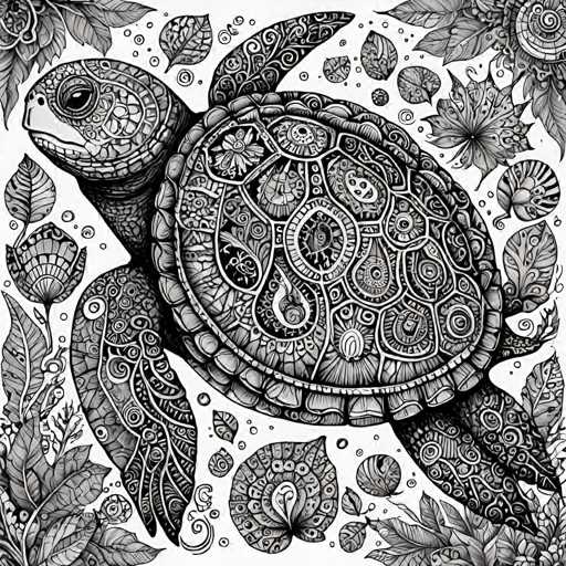 The image is a black and white illustration featuring a detailed turtle as the central figure. The turtle has a shell adorned with intricate patterns and designs, adding depth and complexity to its appearance. Surrounding the turtle are various leaves and shells, creating a sense of depth and texture within the composition.