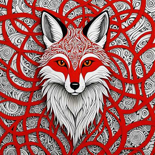 The image features an illustration of a fox's face against a background with red and white swirls. The fox is depicted in a stylized, cartoon-like style, giving it a whimsical appearance. The colors used are predominantly red and white, which further emphasizes the fox as the central figure within the composition.