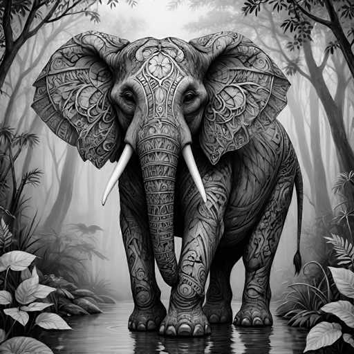 The image depicts an elephant standing on a riverbank surrounded by trees and foliage. The elephant is facing the camera with its trunk extended towards the water. The background features a dense forest filled with various types of trees and plants.