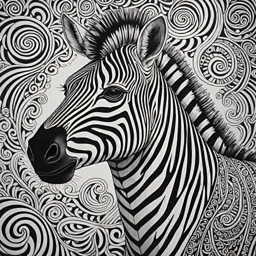 The image is an illustration featuring a zebra with black and white stripes against a black background adorned with swirls and patterns. The zebra's head is prominently displayed, facing to the left side of the frame.