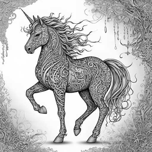 The image depicts a black and white illustration of an unicorn standing on its hind legs with its front legs raised high above its head. The unicorn is adorned with intricate patterns and designs that cover its entire body, giving it a majestic appearance. The background features a tree-like structure with leaves and branches, adding to the overall aesthetic appeal of the image.