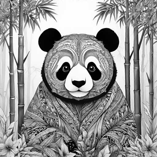 The image depicts a panda bear sitting amidst bamboo trees and flowers. The panda is wearing a colorful patterned outfit that includes a headdress with intricate designs. The background features the natural elements of bamboo trees and flowers, creating a harmonious blend of man-made artistry and nature's beauty.