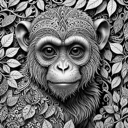 The image is a black and white portrait of a monkey with intricate patterns on its face and body. The monkey's eyes are open, looking directly at the viewer, giving it an air of curiosity and intelligence. The background features leaves in various shades of green, creating a naturalistic setting that contrasts with the monochromatic subject.