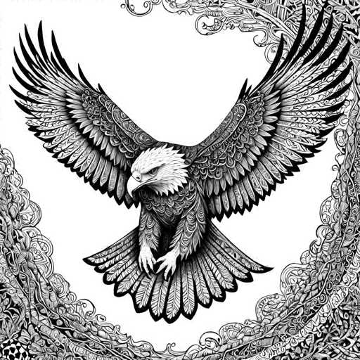 The image is a black and white illustration featuring an eagle with its wings spread wide open as it soars through the sky. The eagle's wingspan is quite large, showcasing the majestic creature in flight. The background of the image is adorned with intricate designs that add depth and complexity to the overall composition.