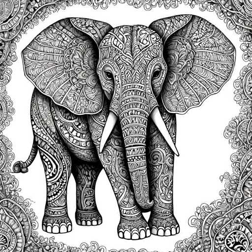 The image depicts an elephant standing on a white background with intricate black and white patterns surrounding it. The elephant is facing the viewer directly, showcasing its majestic presence. The detailed patterns around the elephant add depth to the composition, creating a sense of complexity and richness in the artwork.