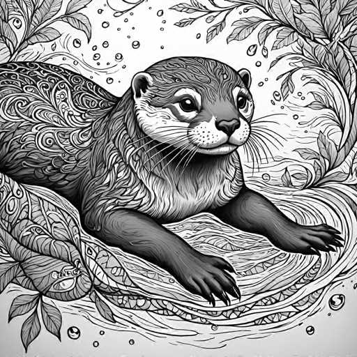 The image is a black and white line drawing depicting an otter lying on its back with its head resting on its paws. The otter's fur is detailed with intricate patterns, adding to the overall artistic quality of the piece. The background features leaves and branches, creating a natural setting for the otter.