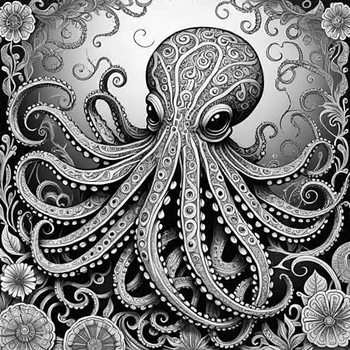 The image is a black and white illustration featuring an octopus as the central figure. The octopus has eight tentacles spread out in various directions, creating a sense of movement and dynamism. The background is filled with intricate floral designs that add depth and complexity to the overall composition.