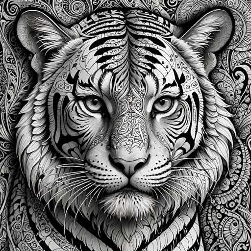 The image is a black and white portrait of a tiger's face with intricate patterns and designs on its fur. The tiger has a distinctive patterned mane that adds to the overall aesthetic appeal of the artwork. The background features a floral design in shades of green and brown, providing a contrasting backdrop for the tiger's striking appearance.
