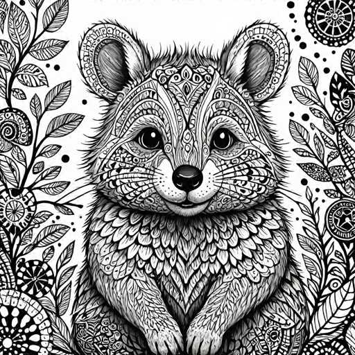 The image depicts a black and white illustration of a hamster with a face and ears, surrounded by intricate floral designs that create a sense of depth and complexity. The hamster is positioned in the center of the frame, facing towards the right side.