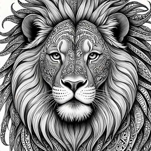The image is a black and white illustration depicting a lion's head with intricate patterns and designs. The lion has a large mane that adds to its majestic appearance. The background of the image is plain white, which contrasts with the detailed design on the lion's face.