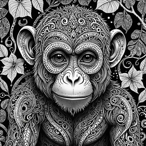 The image depicts a monkey with a face and arms, rendered in black and white. The monkey is positioned centrally against a background of leaves and flowers, creating a sense of depth and complexity to the scene.