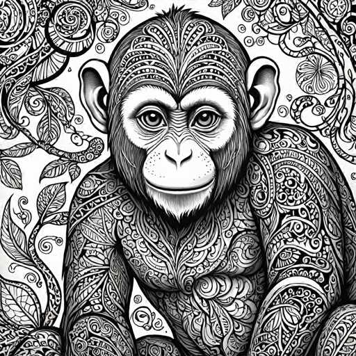 The image depicts a black and white illustration of a monkey with its face prominently featured. The monkey is seated on the ground, surrounded by intricate patterns that add depth and complexity to the scene. The monkey's position in the center of the image draws attention to it as the main subject.