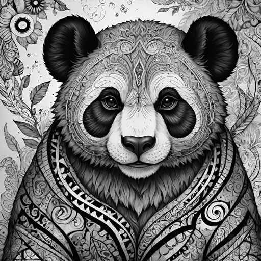 The image is a black and white portrait of a panda bear with intricate patterns and designs on its fur. The panda bear's face is the focal point, with its eyes looking directly at the camera. The background features a floral pattern in shades of green and yellow, adding depth to the composition.