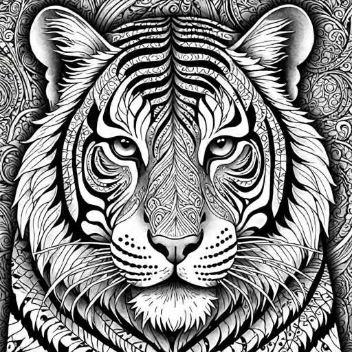 The image is a black and white illustration featuring a detailed tiger's face with intricate patterns and designs. The tiger has large eyes and a prominent nose, giving it a majestic appearance. The background of the image is filled with swirls and patterns that add depth to the overall composition.