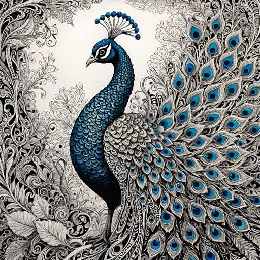 The image depicts a peacock with blue and white feathers standing on one leg against a black background adorned with intricate designs. The peacock's head is crowned with a blue feather, adding to its majestic appearance.