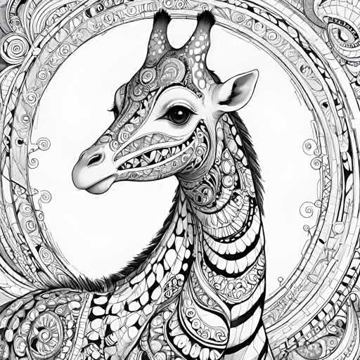 The image is a black and white illustration featuring a giraffe as the central figure. The giraffe has a distinctive patterned coat with a mix of geometric shapes and lines that create an abstract design. The background of the image is a circular pattern composed of smaller circles and swirls, which adds depth to the overall composition.