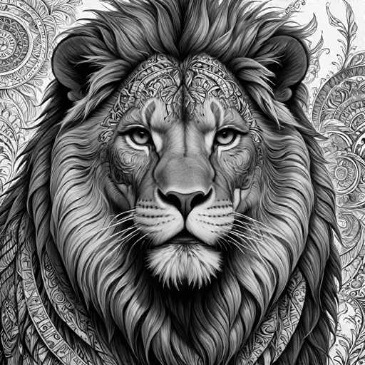 The image is a black and white portrait of a lion's face with intricate designs on its mane and tail. The lion has a majestic presence, with its gaze directed straight at the viewer. The background features a floral pattern that complements the overall composition of the image.