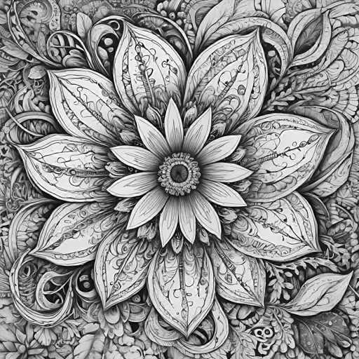 The image is a highly detailed, intricate black and white illustration of a mandala-like flower. The central focus is a large, stylized flower with numerous layered petals and intricate leaf details. The petals radiate outwards from a central, textured core, creating a symmetrical, circular design. The overall style is highly decorative and illustrative, reminiscent of intricate pen-and-ink or digital art with a focus on fine linework and organic, flowing shapes. The composition is entirely symmetrical, emphasizing balance and visual harmony.