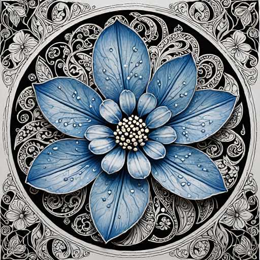 The image features a detailed, digitally-rendered blue flower with intricate, ornate black and white patterns surrounding it. The central focus is the flower's delicate petals, rendered with a soft, painterly texture and subtle water droplets. The surrounding design is highly stylized, showcasing a blend of floral and decorative motifs within a circular frame. The overall art style is illustrative and intricate, emphasizing detailed textures and symmetrical patterns.