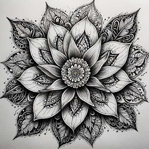 The image is a detailed, intricate black and white mandala drawing. The central focus is a stylized flower with numerous layered petals radiating outwards from a central, textured core. The petals exhibit delicate, flowing lines and intricate patterns, creating a symmetrical design with a strong sense of depth. The overall art style is illustrative and decorative, emphasizing precision and organic forms within a mandala aesthetic.