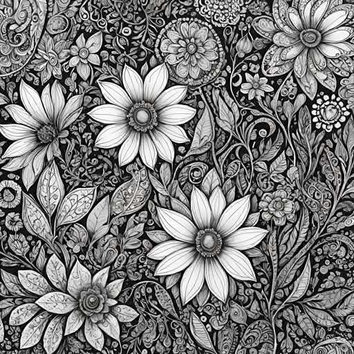 The image is a detailed, intricate black and white illustration of a floral pattern. The main subjects are stylized flowers with elaborate, swirling petals and ornate leaves, all densely packed within a dark background. The spatial relationship is one of close proximity, with elements overlapping and intertwining to create a complex, all-over design. The art style is highly decorative, reminiscent of traditional Eastern or Art Nouveau aesthetics, emphasizing intricate linework and symmetrical patterns.