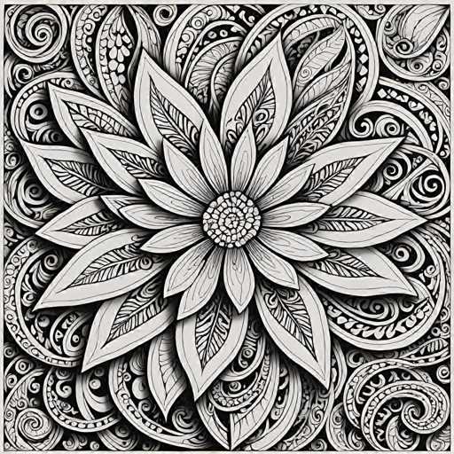 The image is a detailed, intricate black and white mandala illustration. The central focus is a stylized flower with numerous petal-like shapes radiating outwards from a central, intricately patterned core. The petals exhibit a symmetrical, almost organic design with delicate, swirling lines and leaf-like details. The overall style is highly decorative and symmetrical, characteristic of traditional mandala art, emphasizing intricate patterns and a sense of balance.