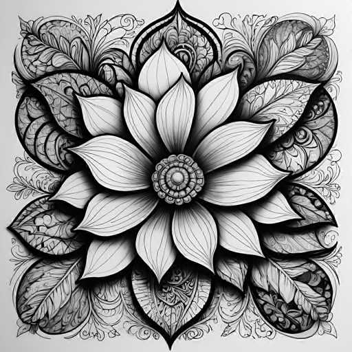 The image is a detailed, intricate black and white mandala-style drawing of a stylized flower. The central focus is a large, symmetrical flower with numerous petal-like shapes radiating outwards from a detailed center. The petals exhibit varying shades of black and white, creating depth and texture. The overall style is illustrative and ornamental, with a focus on intricate linework and organic patterns.