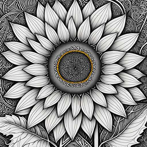 The image is a detailed, black and white illustration of a sunflower. The central focus is the intricate, radially patterned center of the flower, surrounded by numerous stylized petals with delicate, flowing lines. The overall style is highly decorative and symmetrical, reminiscent of a mandala or intricate botanical design. 

The sunflower's center is dark and textured, with golden dots radiating outwards from the core. The petals are rendered in varying shades of gray, creating a sense of depth and dimension. The background is filled with swirling patterns that complement the sunflower's design, enhancing its overall visual complexity. 

The artwork is a digital illustration with a focus on intricate detail and symmetry, showcasing a stylized representation of nature.
