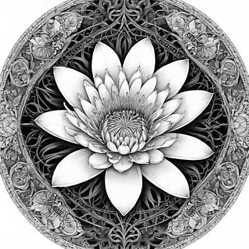 The image is a detailed, intricate black and white illustration of a lotus flower. The central focus is the fully bloomed lotus, with its numerous delicate petals radiating outwards from a textured center. The background is a complex, ornate circular frame with interwoven floral and vine patterns, creating a mandala-like effect. The overall style is highly detailed and decorative, reminiscent of traditional Eastern art or a digital engraving.