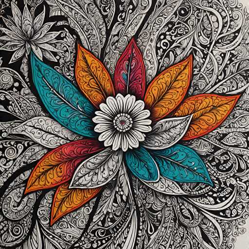 The image showcases a vibrant, intricately detailed mandala-style flower illustration. The central focus is a stylized flower with six petals radiating from a white, textured center. The petals are richly colored in shades of orange, teal, and red, with intricate black and white patterns adding depth. The background is a swirling, monochrome design of interwoven lines and patterns, creating a sense of organic movement. The overall art style is illustrative and decorative, emphasizing symmetry and intricate detail.