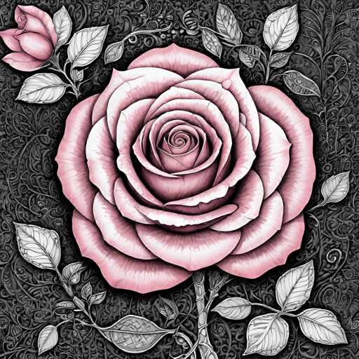 The image depicts a pink rose with white petals and green leaves attached to it by thin stems. The rose is the central focus of the black and white illustration, which features intricate patterns and designs surrounding the rose.