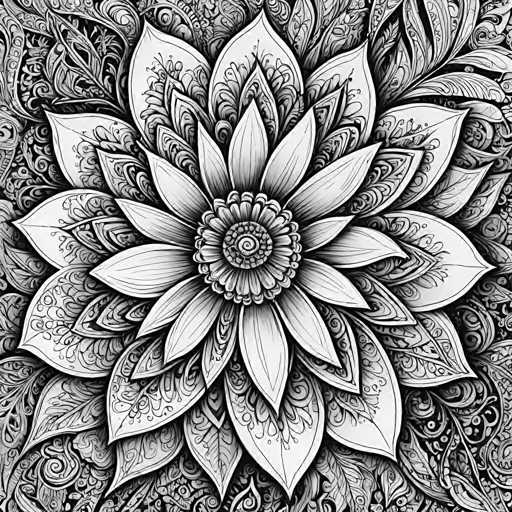 The image is a detailed, intricate black and white mandala illustration. The central focus is a stylized flower with numerous layered petals radiating outwards from a complex, spiraling center. The petals exhibit delicate, organic curves and intricate vein-like patterns. The overall style is highly decorative and symmetrical, characteristic of traditional mandala art, with a focus on intricate linework and balanced composition.