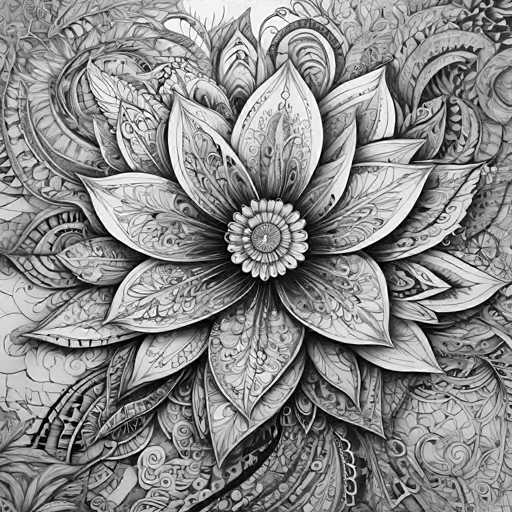 The image is a highly detailed, intricate black and white illustration of a stylized flower. The central focus is the elaborate, symmetrical bloom with numerous petal-like shapes exhibiting delicate, swirling patterns. The petals overlap in a radial arrangement, creating a sense of depth and organic complexity. The overall style is reminiscent of intricate woodcut or linoleum printmaking, with a focus on fine line work and textural detail. The composition is densely packed, emphasizing the intricate design within a limited space.