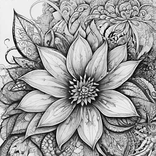The image is a detailed, intricate black and white illustration of a stylized flower. The central focus is a large, intricately patterned flower with numerous petal-like shapes radiating outwards from a textured center. The petals exhibit a complex, almost mandala-like design with delicate lines and shading. 

The composition is highly symmetrical, emphasizing the flower's radial symmetry. The background features a swirling, organic pattern of leaves and botanical elements, creating a sense of depth and intricate detail. The overall art style is highly detailed and illustrative, reminiscent of a digital drawing with a focus on intricate linework. The image is monochromatic, relying solely on shades of black and white to create contrast and highlight the intricate patterns. 

The overall impression is one of organic beauty, complexity, and a slightly fantastical quality due to the highly stylized nature of the flower.