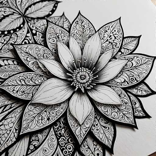 The image showcases a detailed, intricate black and white mandala-style drawing of a flower. The central focus is on the large, stylized flower with numerous petal-like shapes radiating outwards from a detailed center. The petals exhibit delicate, swirling patterns and intricate lines, creating a sense of depth and texture. The overall style is illustrative and decorative, emphasizing symmetry and organic forms.