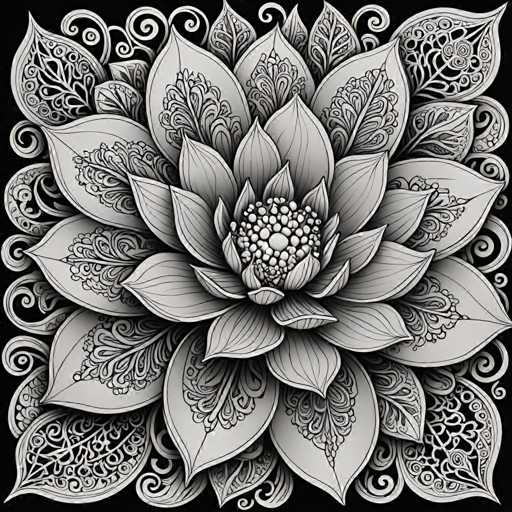 The image is a detailed, symmetrical black and white mandala-style illustration of a lotus flower. The central focus is the intricate, multi-layered flower with delicate petal designs radiating outwards from a detailed center. The overall style is ornate and decorative, showcasing a high level of precision in the linework.