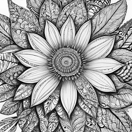 The image is a detailed, intricate black and white illustration of a stylized flower. The central focus is the flower's center, which features tightly packed, spiraling petals radiating outwards. Surrounding this are numerous, elaborately detailed leaves and petal-like elements, creating a complex, symmetrical design. The artwork exhibits a highly detailed, illustrative style with fine linework and a focus on texture and pattern. The overall composition is symmetrical and organic, emphasizing intricate botanical forms.