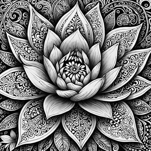 The image is a detailed, intricate black and white mandala-style illustration of a lotus flower. The central focus is the stylized flower, with its petals radiating outwards in a symmetrical, circular design. The artwork exhibits a highly detailed, ornate aesthetic with delicate linework and intricate patterns within each petal. The overall style is decorative and symbolic, typical of Eastern artistic traditions.