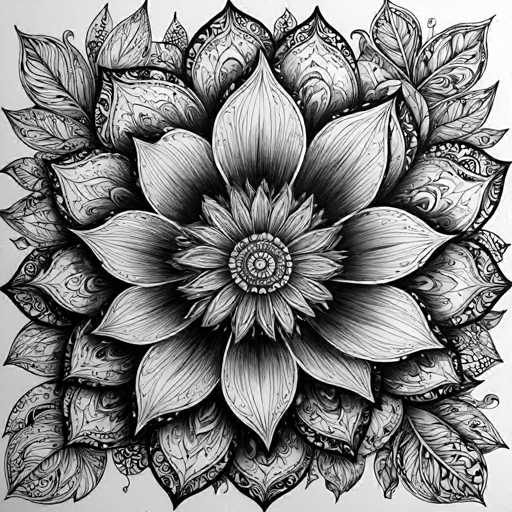 The image is a detailed, intricate black and white drawing of a mandala-like floral design. The central focus is a large, stylized flower with numerous layered petals and leaf-like shapes radiating outwards. The composition utilizes a high level of detail, with delicate linework creating shading and texture. The overall style is illustrative and ornamental, emphasizing symmetry and intricate patterns.