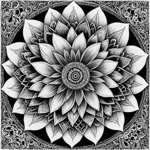 The image is a detailed, intricate black and white mandala illustration. The central focus is a large, ornate flower-like design with numerous layered petals radiating from a central point. The petals exhibit a complex, symmetrical pattern of lines and shading, creating a sense of depth and intricate detail. The overall style is highly decorative and symbolic, characteristic of traditional Eastern art forms like mandalas.