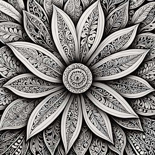 The image is an abstract black and white illustration featuring a large flower with numerous petals arranged in a circular pattern around the center of the image. The background is filled with intricate designs that add depth to the overall composition.