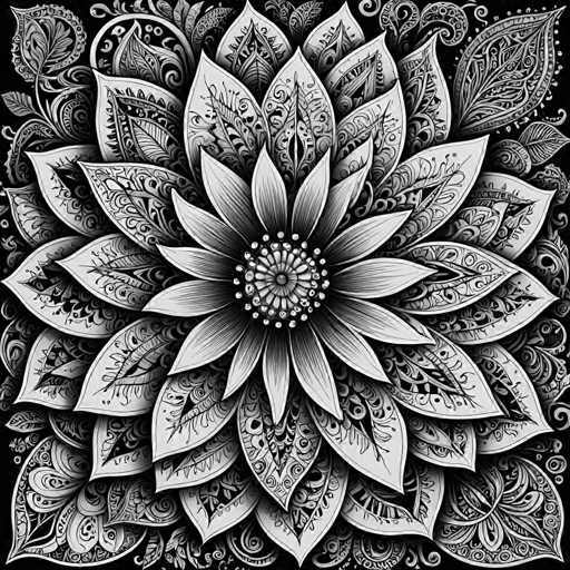 The image is a detailed, intricate black and white mandala illustration. The central focus is a stylized flower with numerous petal-like shapes radiating outwards from a central, ornate core. The petals exhibit complex, symmetrical patterns with swirling lines and detailed textures. The overall style is highly decorative and ornamental, characteristic of traditional mandala art, with a strong emphasis on intricate detail and balanced symmetry.