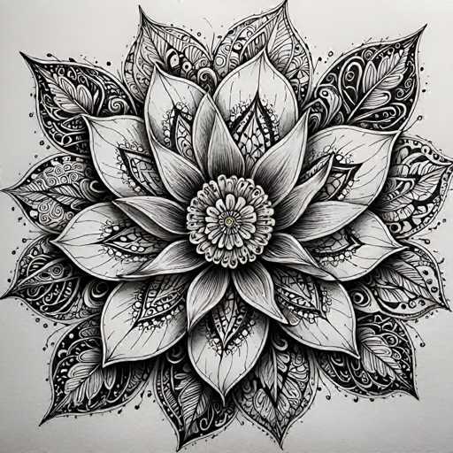 The image is a black and white illustration featuring an intricate floral design composed of numerous leaves and petals arranged in a circular pattern around the center of the flower. The flower itself is centrally positioned within this arrangement, with its vibrant colors contrasting against the stark black background. The precise placement of each leaf and petal contributes to the overall symmetry and balance of the design.