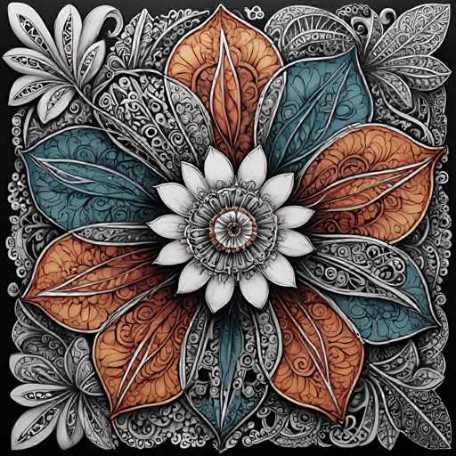 The image is a detailed, intricately patterned digital artwork of a stylized flower. The central focus is a multi-layered, ornate bloom with petals in shades of white, orange, and teal. The petals are densely detailed with swirling patterns and subtle shading, creating a sense of depth. The background is a dark, textured black, emphasizing the intricate design of the flower. The overall art style is reminiscent of a digital mandala or a highly detailed, ornamental illustration, with a focus on symmetry and intricate detail.