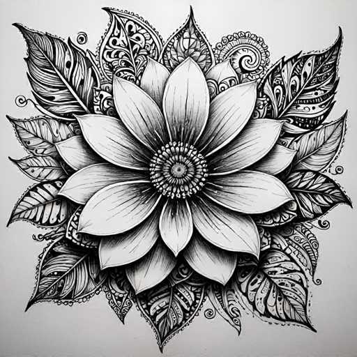 The image is a detailed, black and white mandala-style drawing of a stylized flower. The central focus is a large, intricately detailed flower with numerous layered petals radiating from a central, textured core. Lush, ornate leaves surround the flower, creating a symmetrical and intricate design with a strong sense of depth. The art style is illustrative and decorative, emphasizing intricate linework and organic forms.