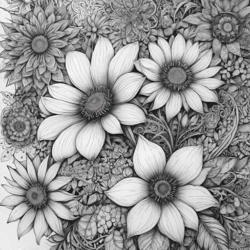 The image is a detailed, intricate black and white illustration of several stylized flowers. The main subjects are large, intricately drawn flower heads with delicate petal arrangements and detailed centers. They are densely packed, creating a symmetrical yet organic composition. The art style is highly illustrative and decorative, reminiscent of a detailed botanical drawing or a complex tattoo design. The overall effect is one of intricate detail and harmonious balance within the floral arrangement.