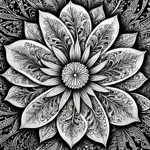 The image is a detailed, intricate black and white mandala-style illustration of a flower. The central focus is a complex, symmetrical floral design with numerous petal-like shapes radiating outwards from a central point. The style is highly decorative, featuring fine linework and ornate patterns that create a sense of depth and intricate detail. The overall aesthetic is one of intricate symmetry, organic patterns, and a visually captivating, almost hypnotic quality.