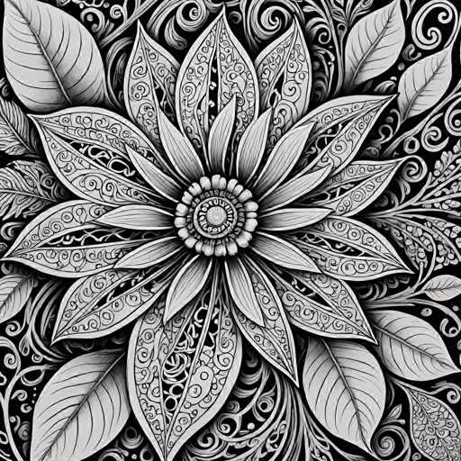 The image is a detailed, intricate black and white illustration of a stylized flower. The central focus is the flower's petals, which are densely patterned with swirling, organic lines and intricate details. The petals overlap in a radial arrangement, creating a sense of depth and complexity. The overall style is highly decorative and reminiscent of Art Nouveau or intricate woodcut designs, emphasizing delicate linework and symmetrical patterns. The composition is balanced, with the flower occupying the center of the frame.